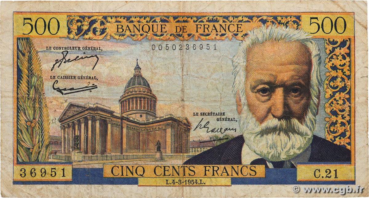 500 Francs VICTOR HUGO FRANCE  1954 F.35.02 G