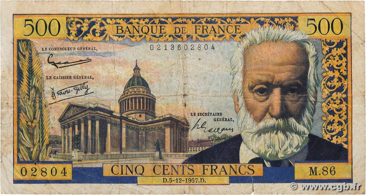 500 Francs VICTOR HUGO FRANCE  1957 F.35.07 B