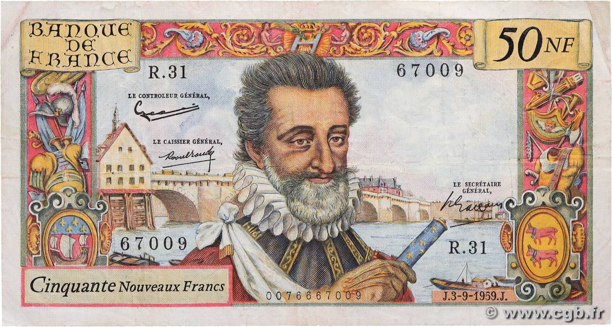 50 Nouveaux Francs HENRI IV FRANCIA  1959 F.58.03 q.BB