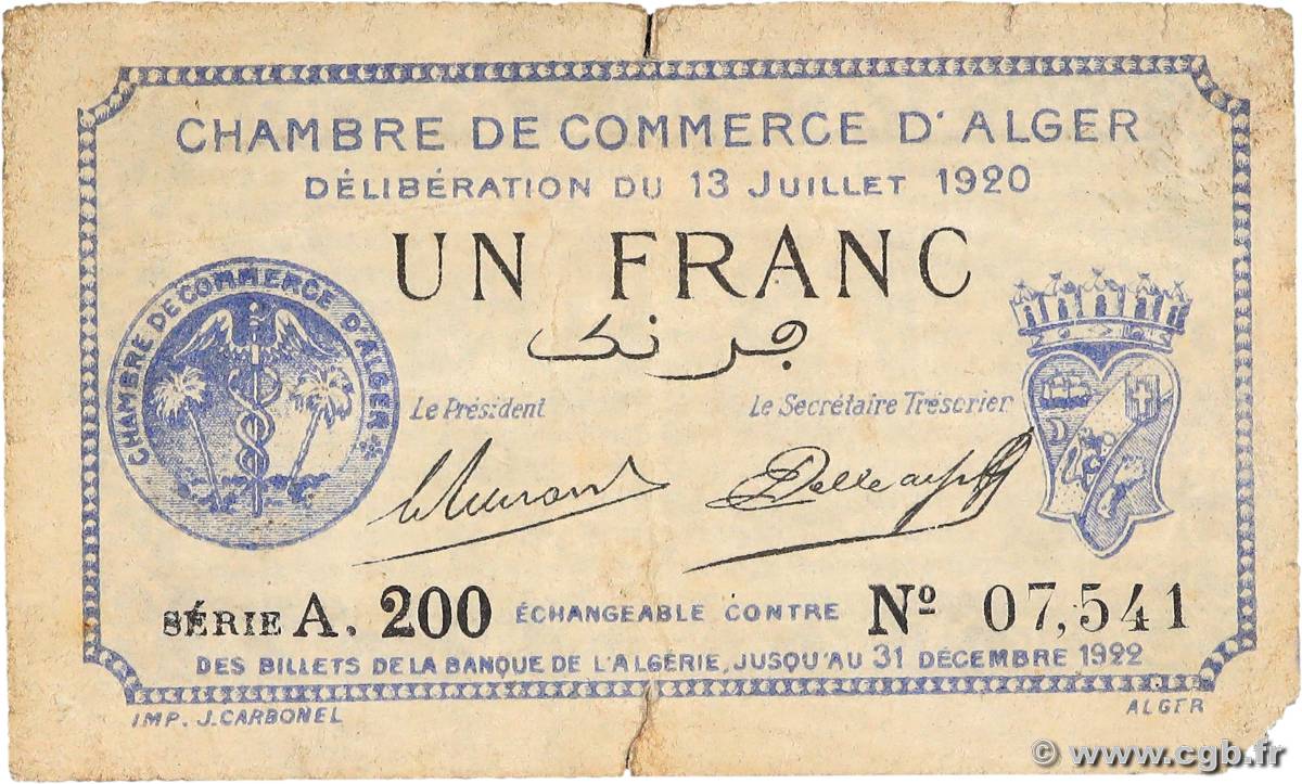 1 Franc FRANCE regionalism and miscellaneous Alger 1920 JP.137.15 G