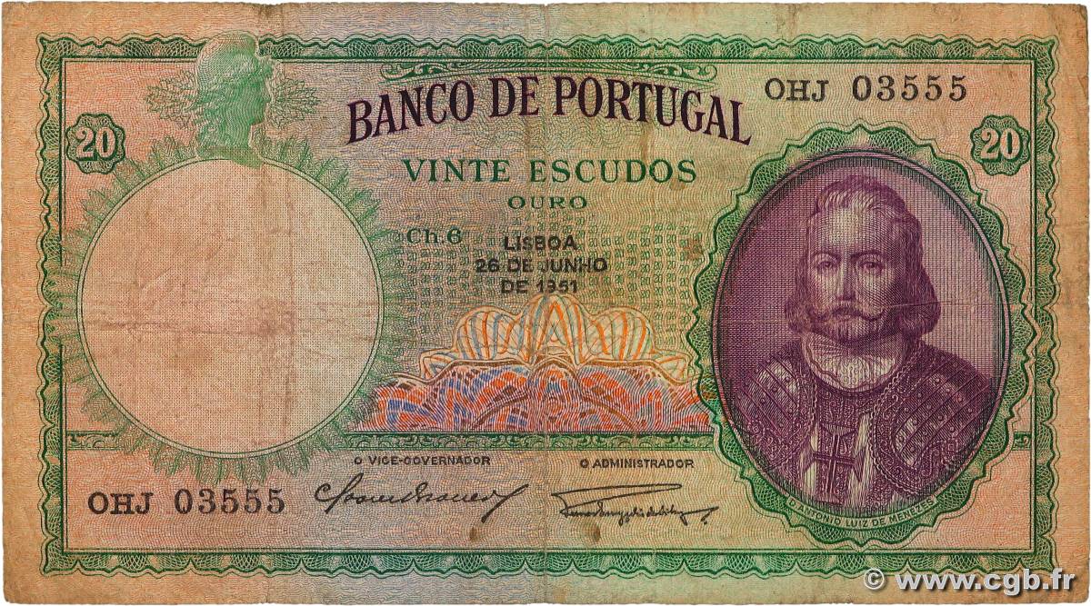 20 Escudos PORTUGAL  1951 P.153a B+