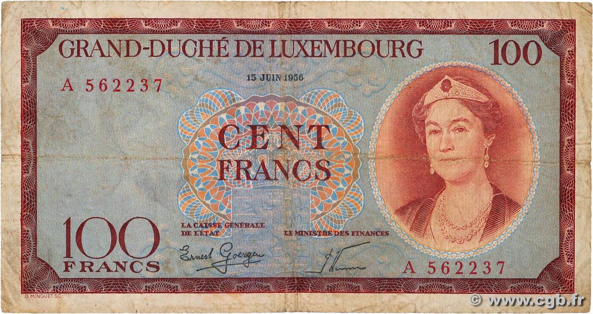 100 Francs LUXEMBOURG  1956 P.50a VG