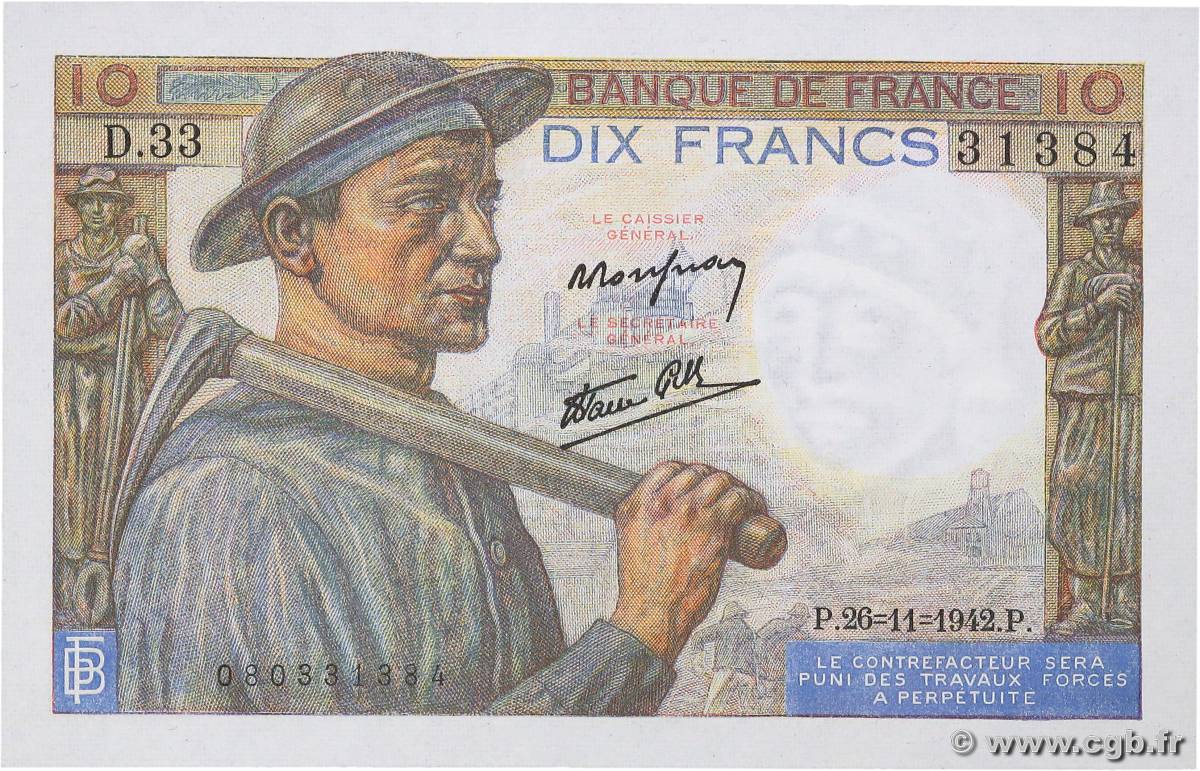 10 Francs MINEUR FRANCE  1942 F.08.06 NEUF