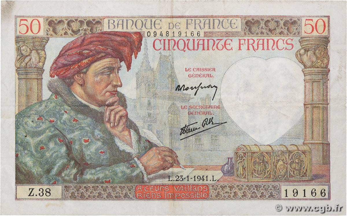 50 Francs JACQUES CŒUR FRANCE  1941 F.19.05 TB+
