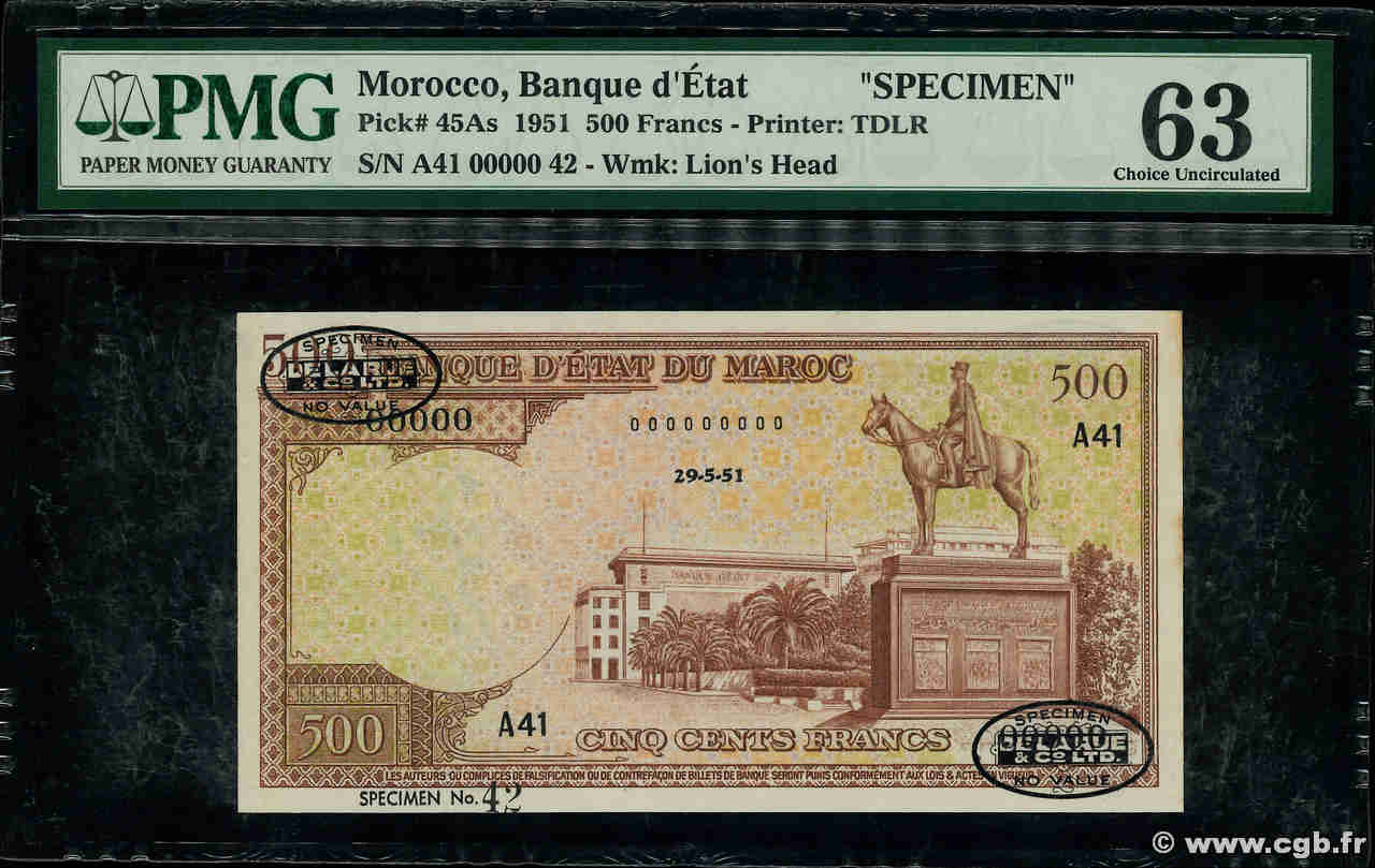 500 Francs Lyautey non émis Spécimen MAROC  1951 P.45As pr.NEUF