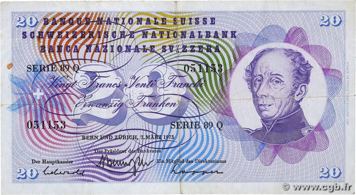 20 Francs SUISSE  1973 P.46u TTB+