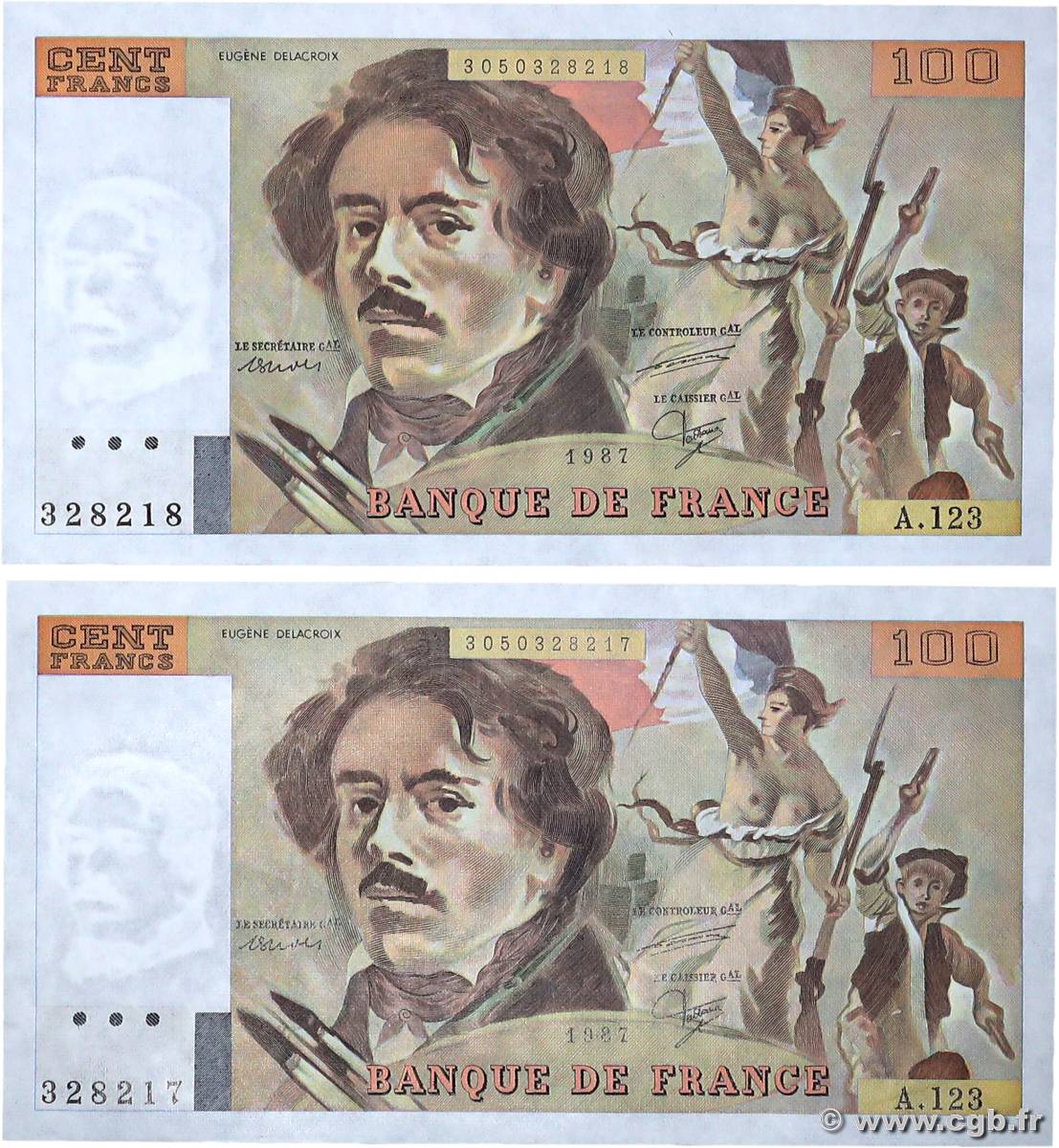 100 Francs DELACROIX modifié Consécutifs FRANCIA  1987 F.69.11 AU