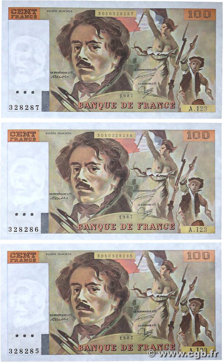 100 Francs DELACROIX modifié Consécutifs FRANCE  1987 F.69.11 SPL+