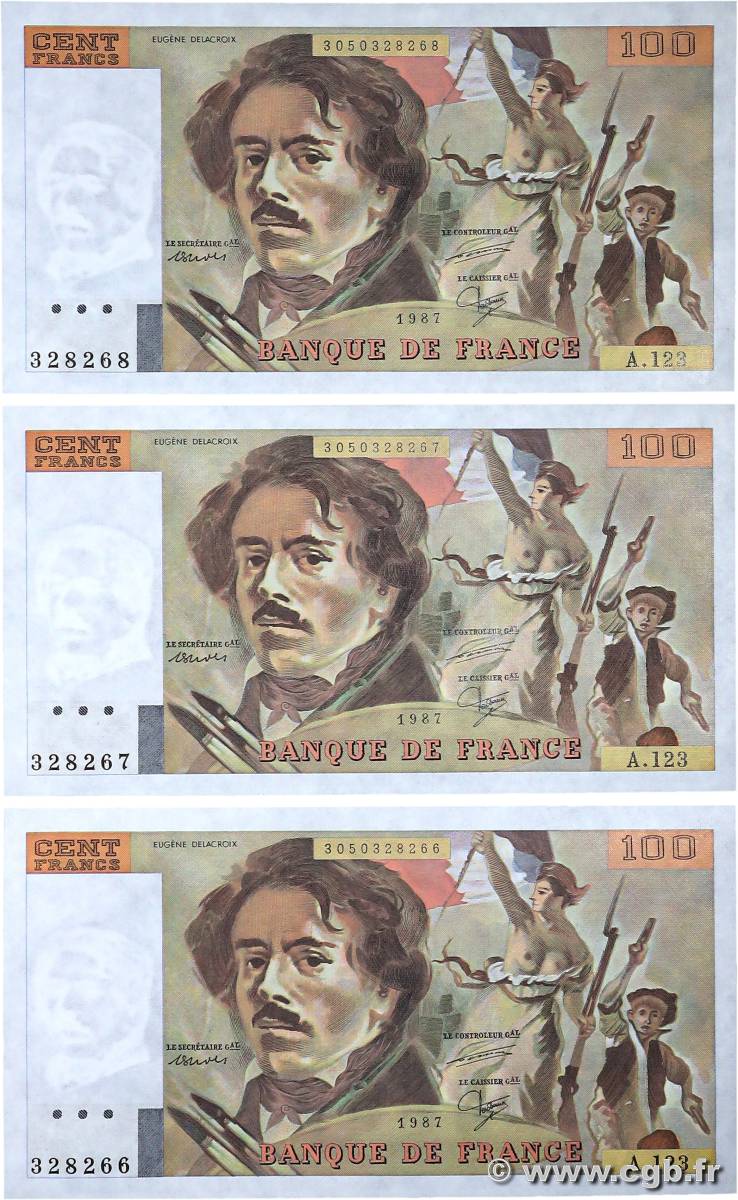 100 Francs DELACROIX modifié Consécutifs FRANCIA  1987 F.69.11 AU+