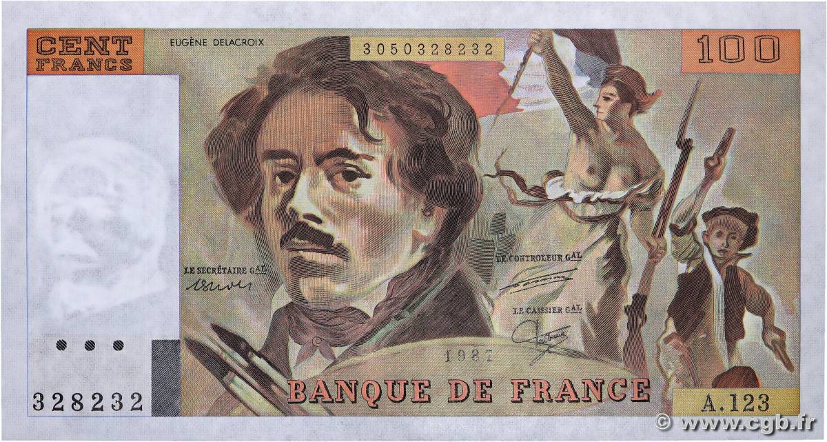 100 Francs DELACROIX modifié FRANCE  1987 F.69.11 AU+