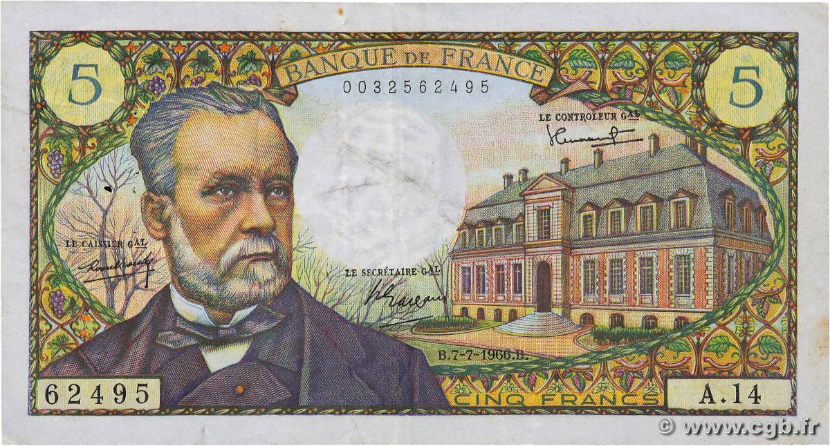 5 Francs PASTEUR FRANCIA  1966 F.61.02 q.BB