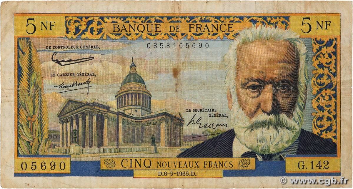 5 Nouveaux Francs VICTOR HUGO FRANCE  1965 F.56.18 B