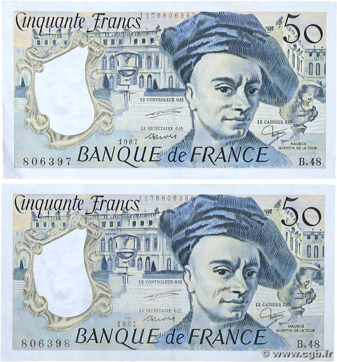 50 Francs QUENTIN DE LA TOUR Consécutifs FRANCE  1987 F.67.13 TTB