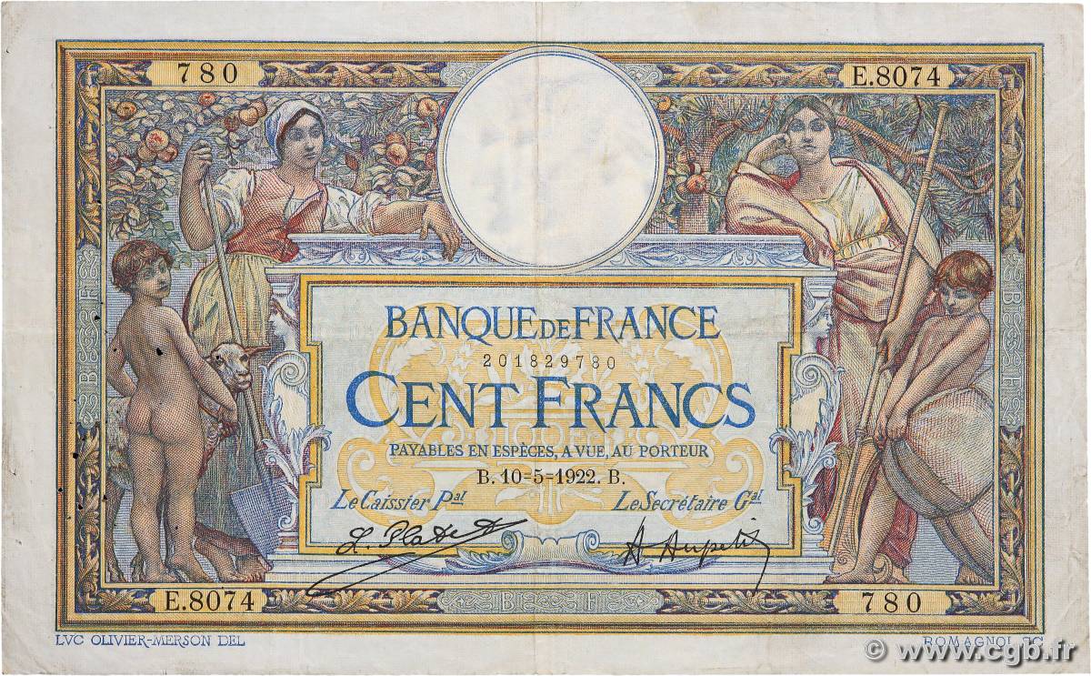 100 Francs LUC OLIVIER MERSON sans LOM FRANCE  1922 F.23.15 TB+