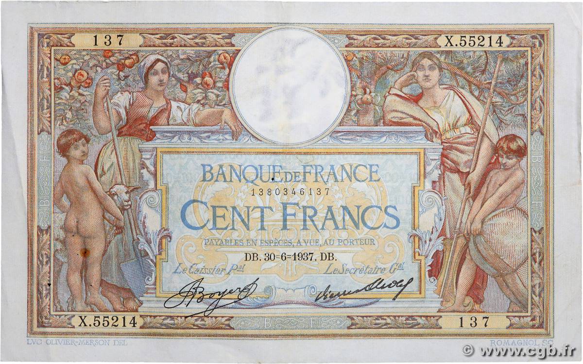 100 Francs LUC OLIVIER MERSON grands cartouches FRANCIA  1937 F.24.16 MBC