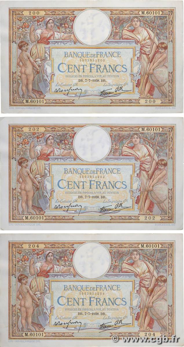 100 Francs LUC OLIVIER MERSON type modifié Lot FRANCIA  1938 F.25.25 BB