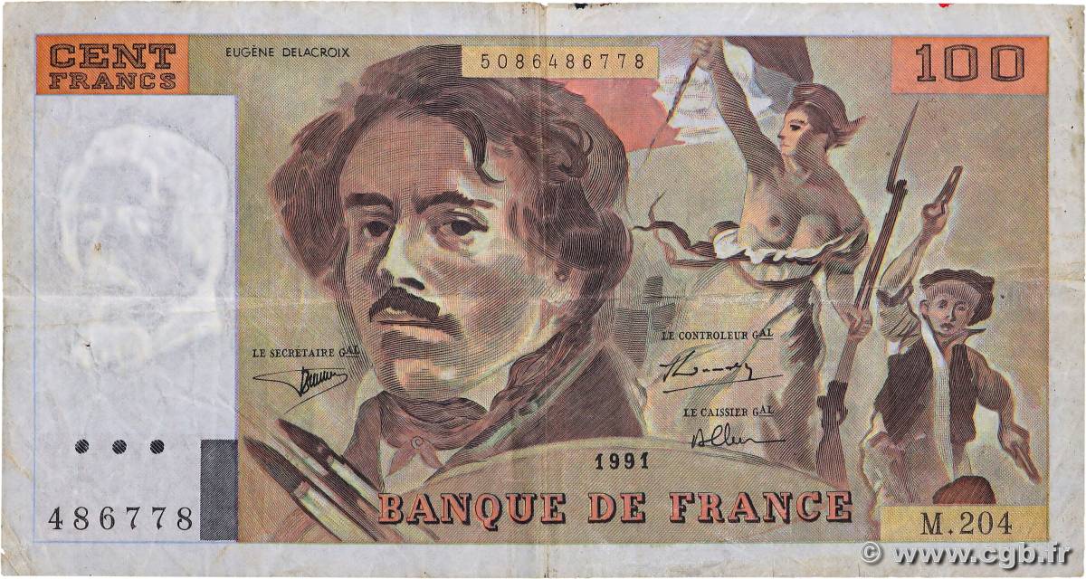 100 Francs DELACROIX imprimé en continu FRANCE  1991 F.69bis.04b pr.TB