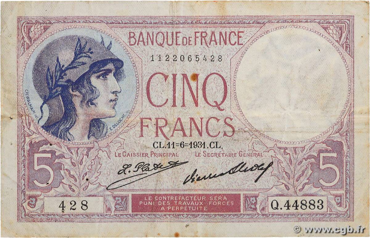 5 Francs FEMME CASQUÉE FRANCE  1931 F.03.15 TB