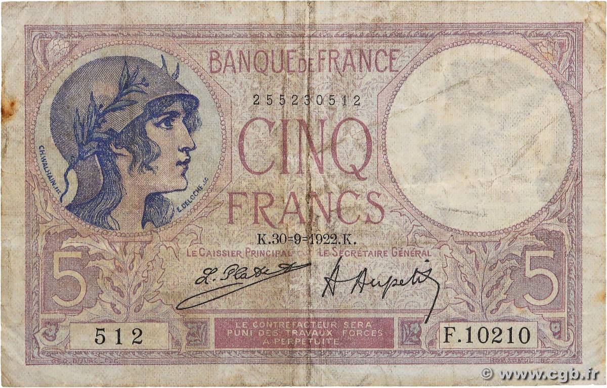 5 Francs FEMME CASQUÉE FRANCIA  1922 F.03.06 BC