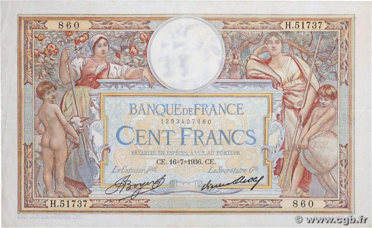 100 Francs LUC OLIVIER MERSON grands cartouches FRANCE  1936 F.24.15 TTB