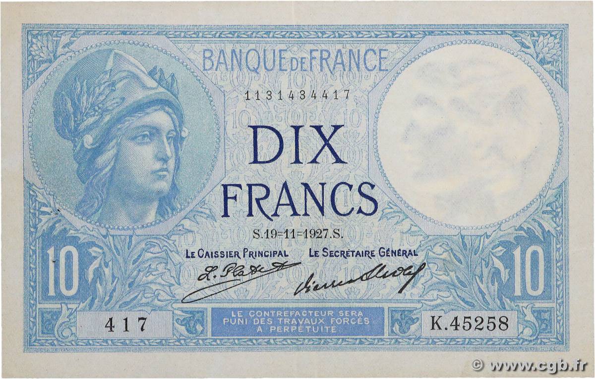 10 Francs MINERVE FRANCE  1927 F.06.12a XF