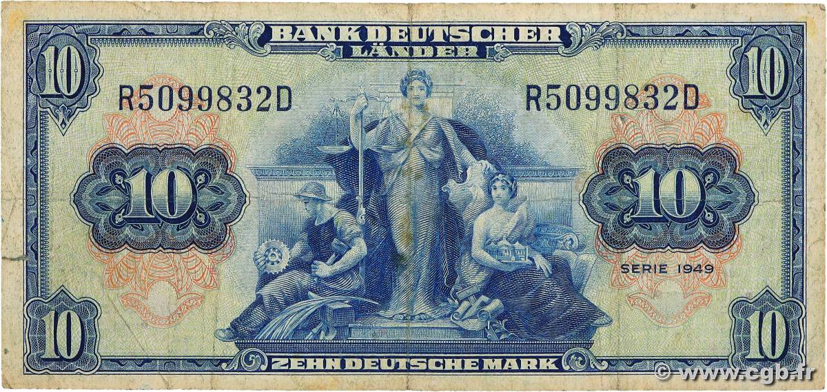 10 Deutsche Mark GERMAN FEDERAL REPUBLIC  1949 P.16a F