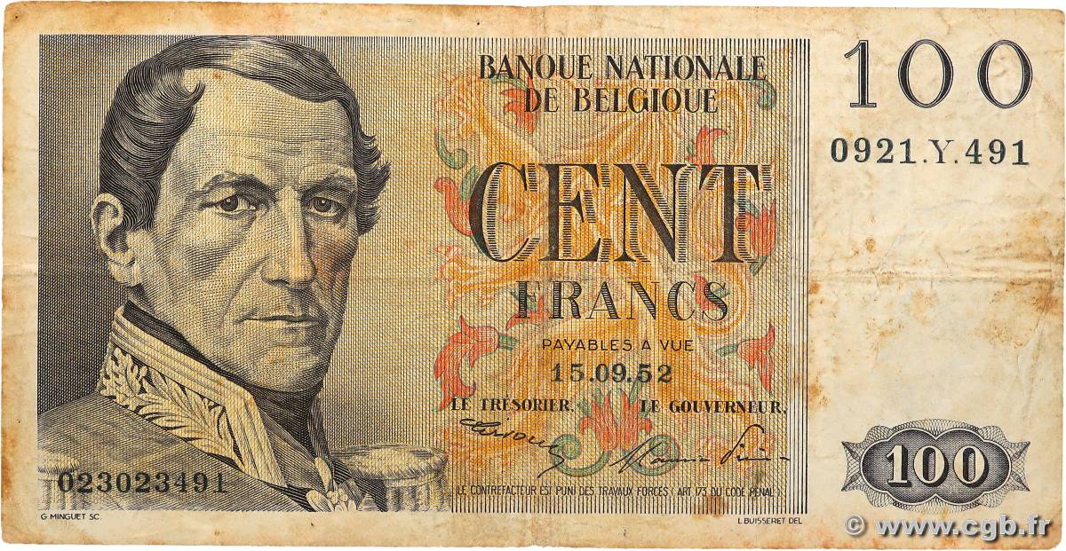 100 Francs BELGIQUE  1952 P.129a TB