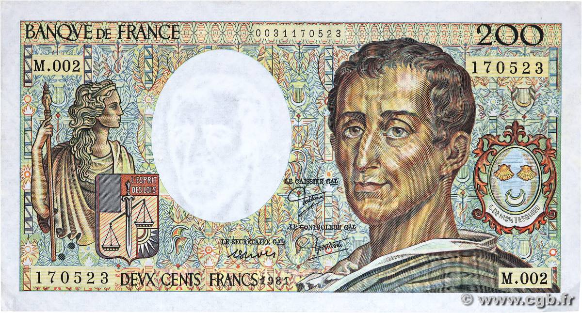 200 Francs MONTESQUIEU FRANCE  1981 F.70.01 F+