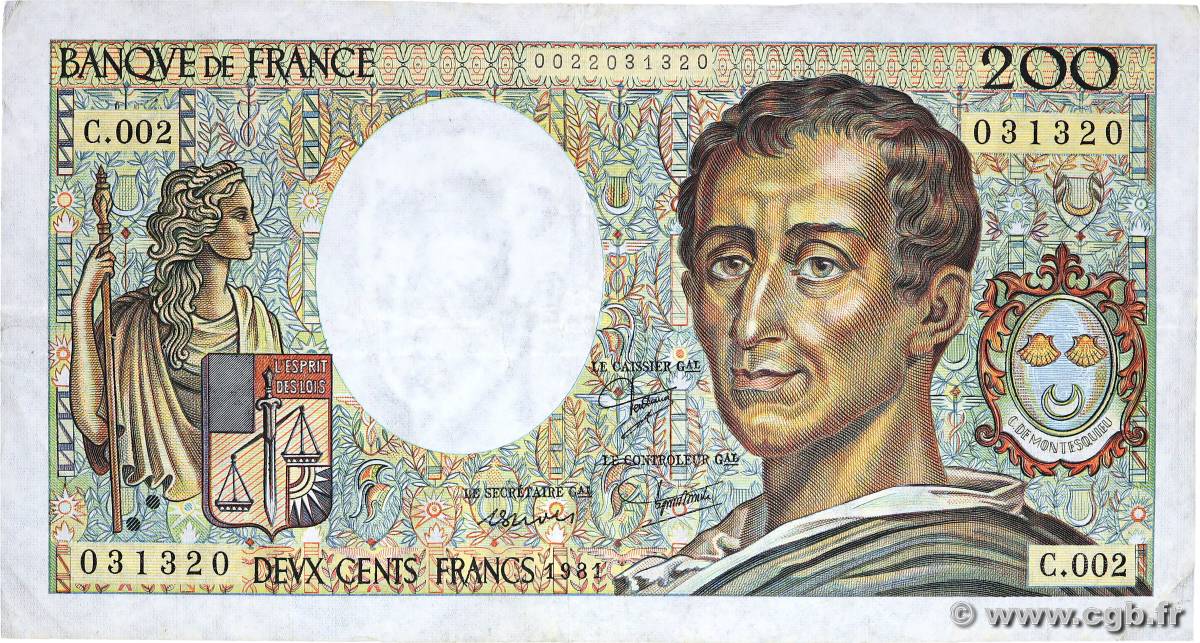 200 Francs MONTESQUIEU FRANCE  1981 F.70.01 TB+