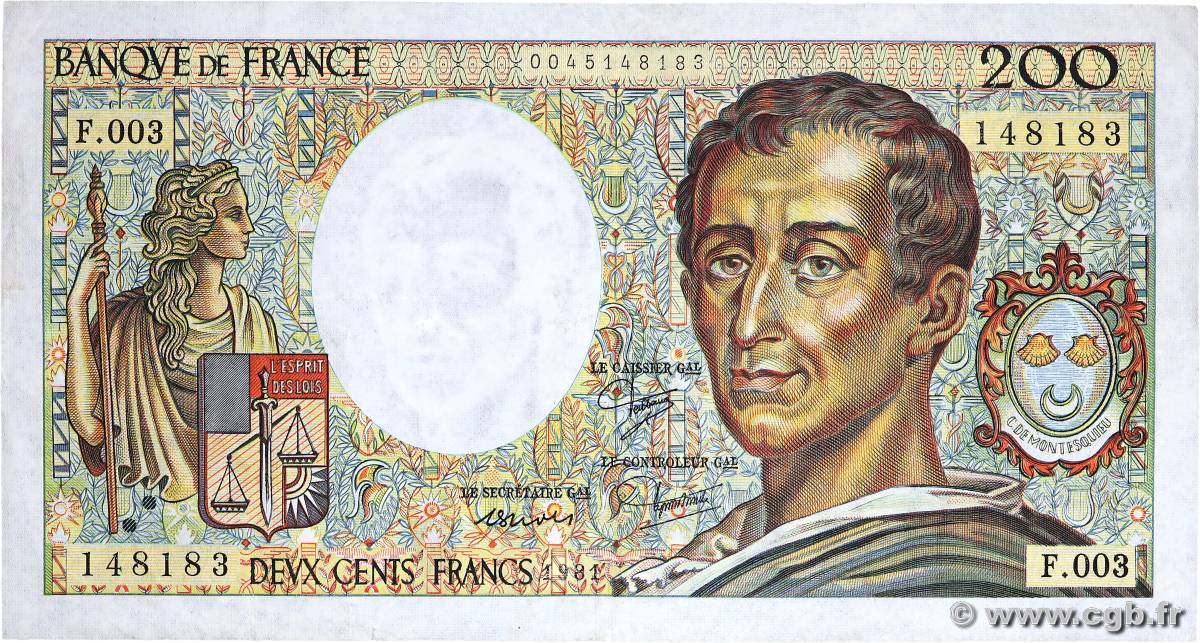 200 Francs MONTESQUIEU FRANCE  1981 F.70.01 VF-