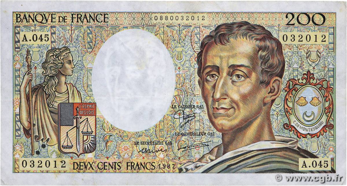 200 Francs MONTESQUIEU FRANCE  1987 F.70.07 F+