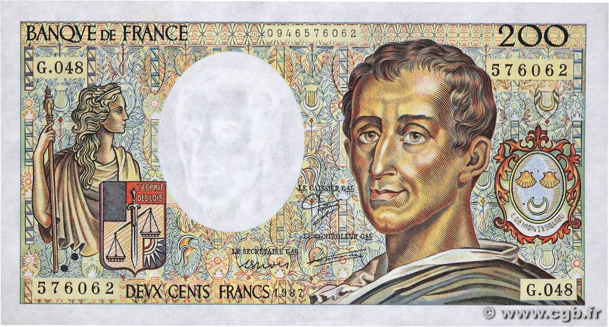 200 Francs MONTESQUIEU FRANKREICH  1987 F.70.07 fVZ