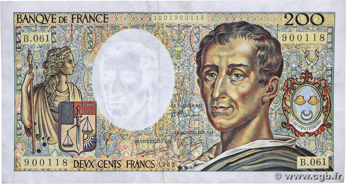 200 Francs MONTESQUIEU FRANCE  1988 F.70.08 TTB