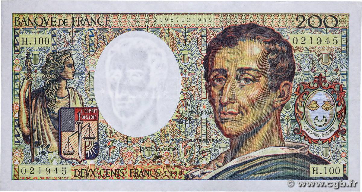 200 Francs MONTESQUIEU FRANCE  1990 F.70.10b VF+