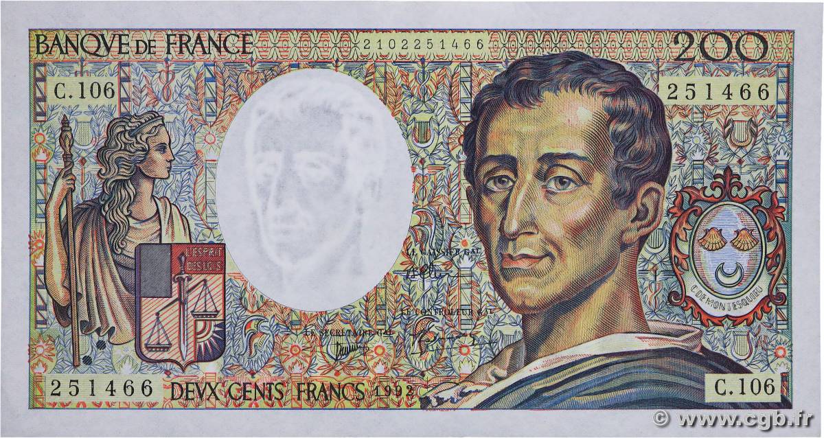 200 Francs MONTESQUIEU FRANKREICH  1992 F.70.12a VZ