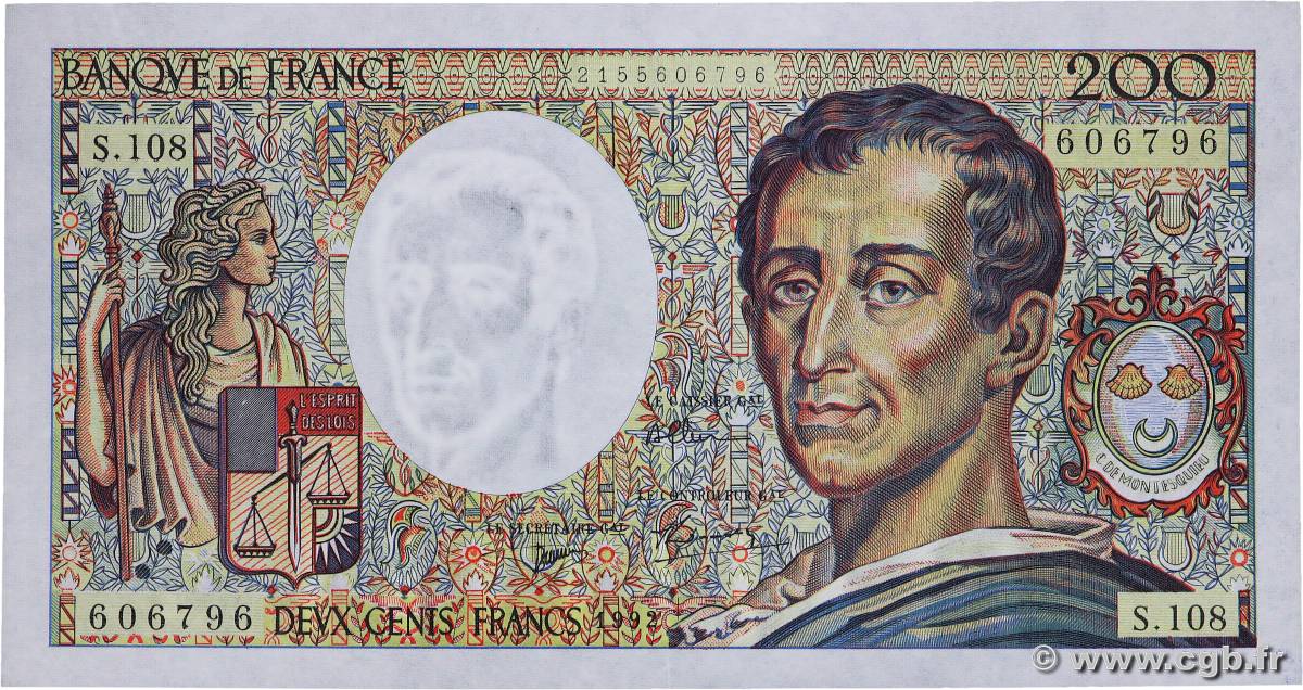 200 Francs MONTESQUIEU FRANCE  1992 F.70.12a XF+