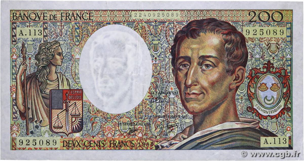 200 Francs MONTESQUIEU FRANCIA  1990 F.70.10c BC+