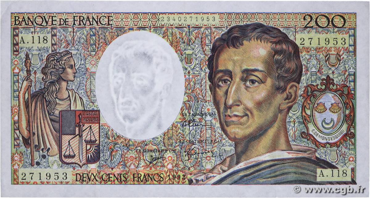 200 Francs MONTESQUIEU FRANCE  1992 F.70.12b XF