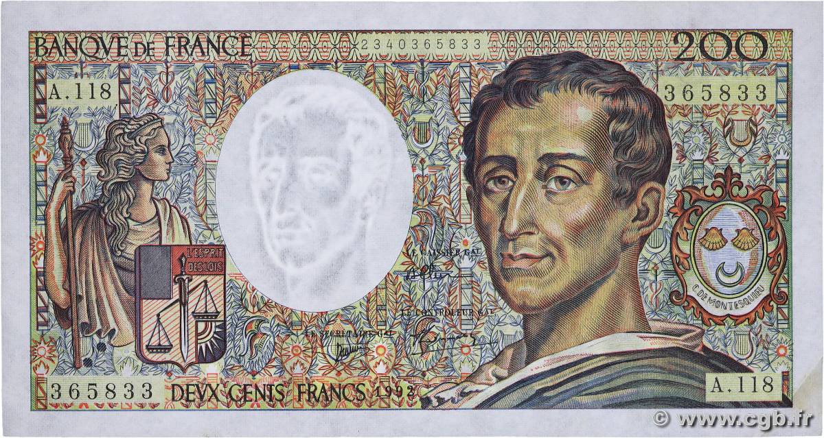 200 Francs MONTESQUIEU FRANCE  1992 F.70.12b TTB+