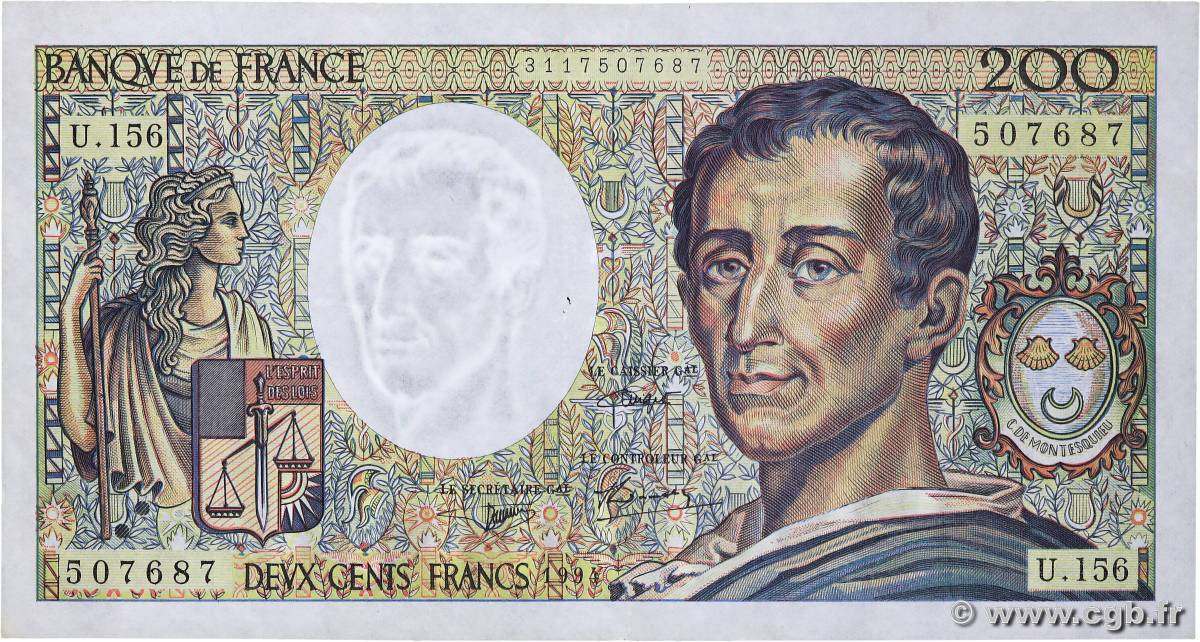 200 Francs MONTESQUIEU Modifié FRANCE  1994 F.70/2.01 pr.TTB