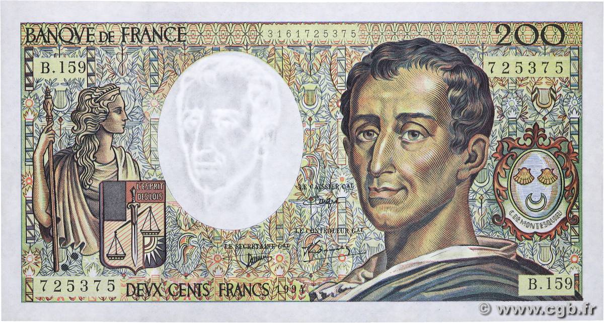 200 Francs MONTESQUIEU Modifié FRANCE  1994 F.70/2.01 XF