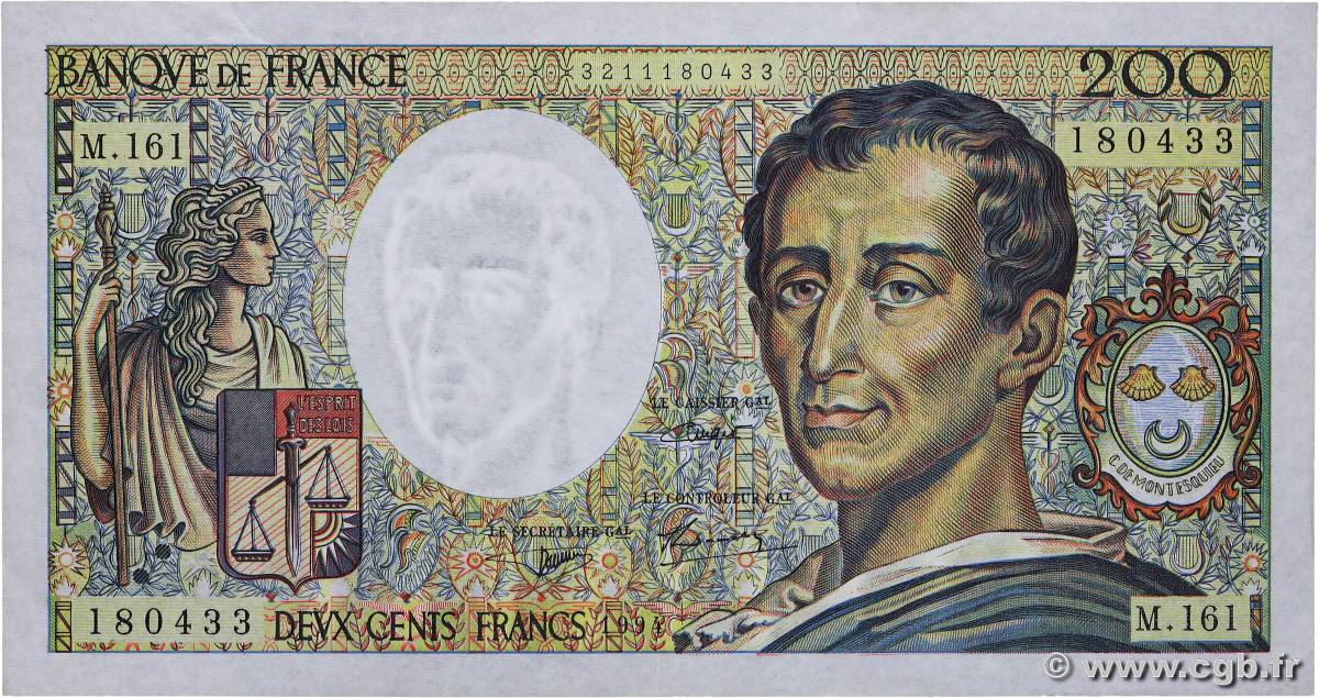 200 Francs MONTESQUIEU Modifié FRANCE  1994 F.70/2.01 pr.SUP