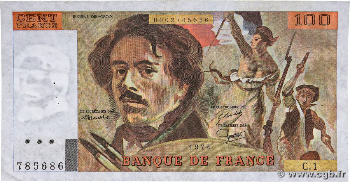 100 Francs DELACROIX FRANCE  1978 F.68.01 VF