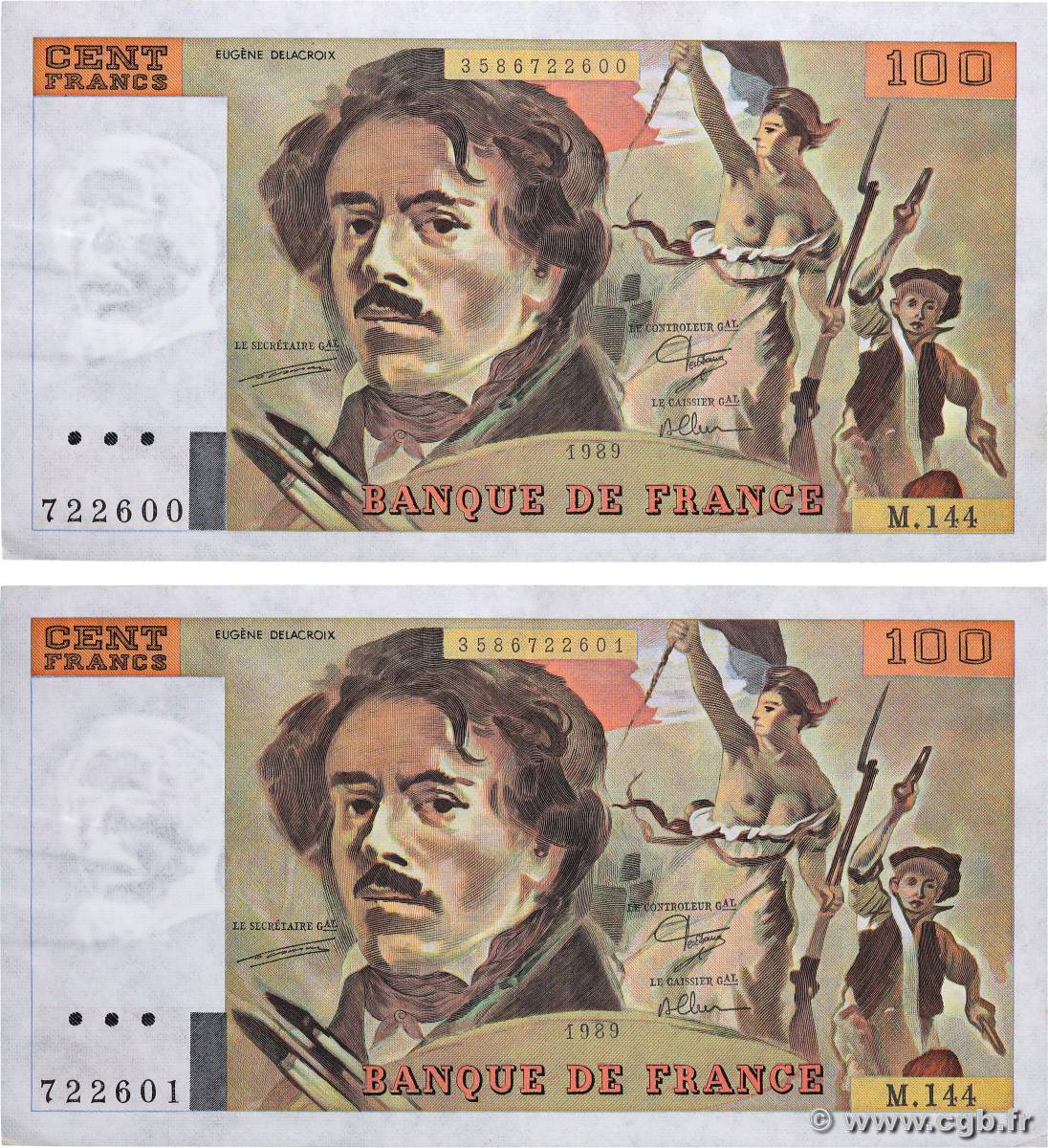 100 Francs DELACROIX modifié Consécutifs FRANCE  1989 F.69.13c SUP