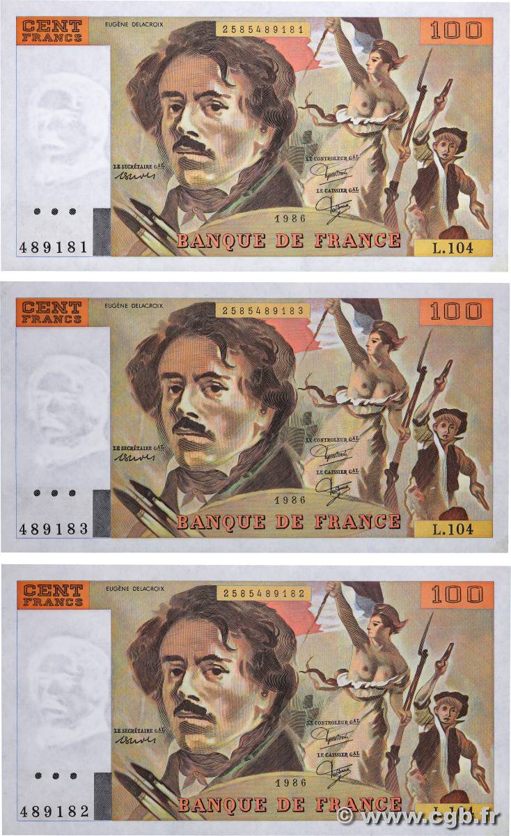 100 Francs DELACROIX modifié Consécutifs FRANCIA  1986 F.69.10 AU