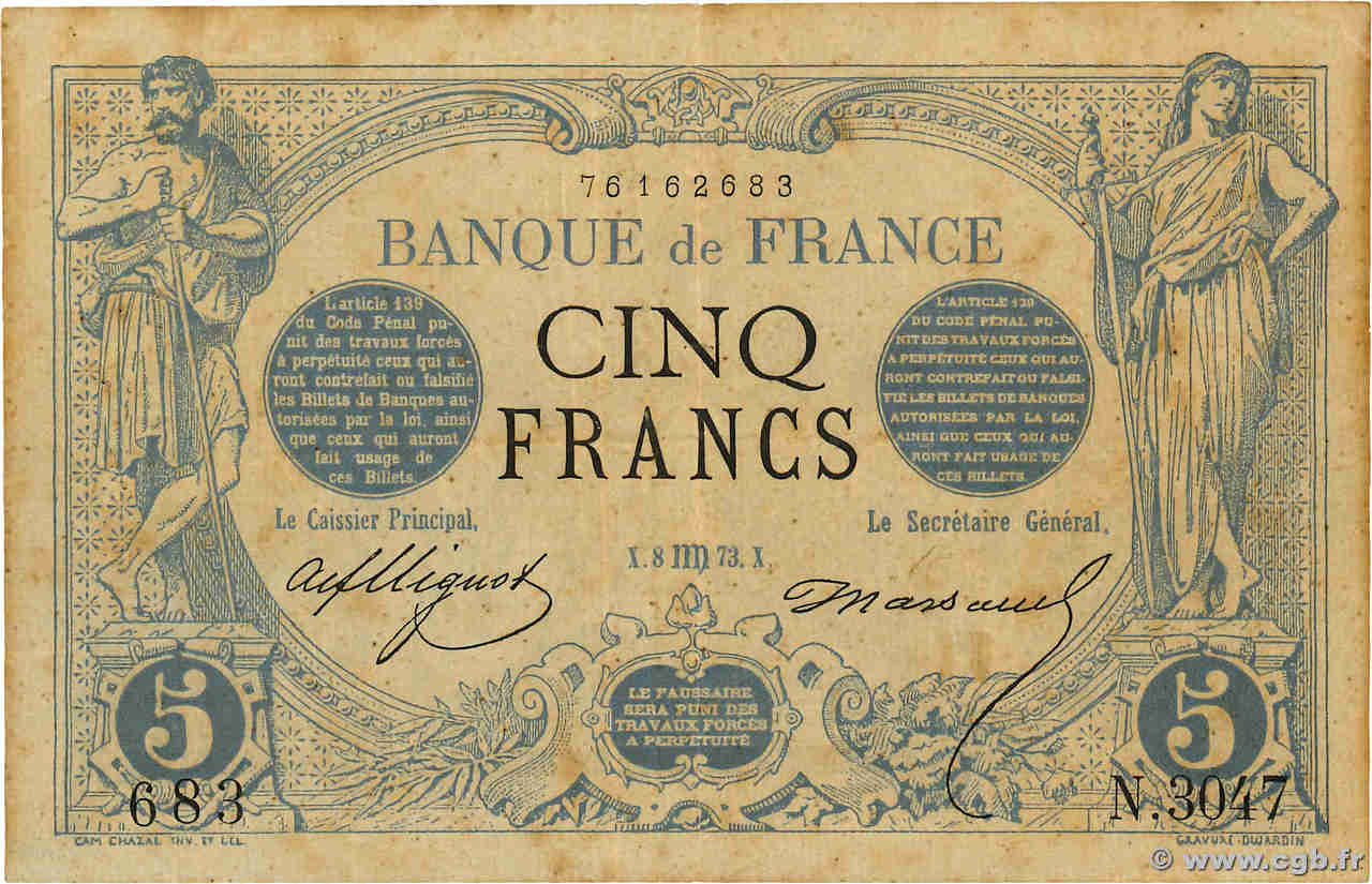 5 Francs NOIR FRANCE  1873 F.01.21 VF-