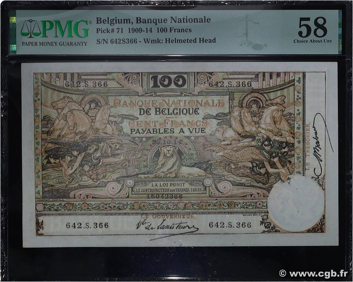 100 Francs BELGIUM  1910 P.071 AU