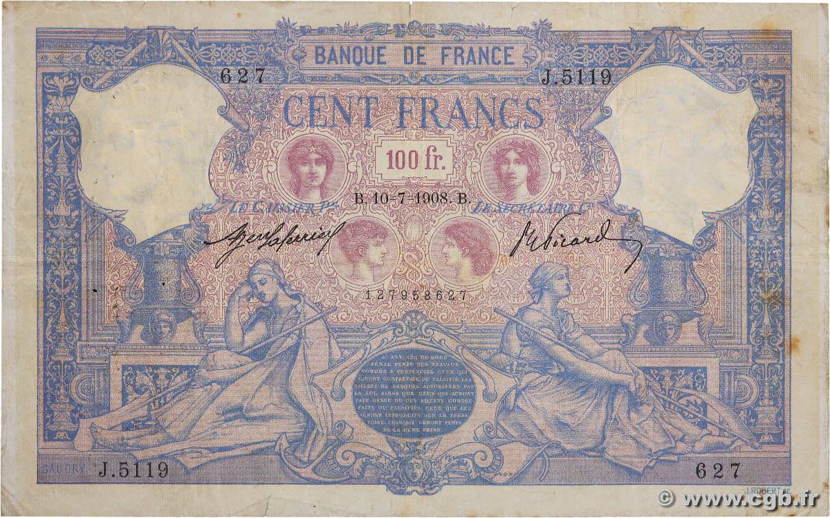 100 Francs BLEU ET ROSE FRANKREICH  1908 F.21.23 S