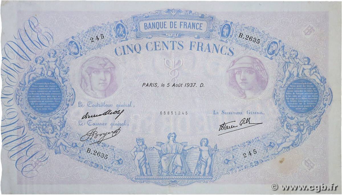 500 Francs BLEU ET ROSE modifié FRANCE  1937 F.31.01 TTB