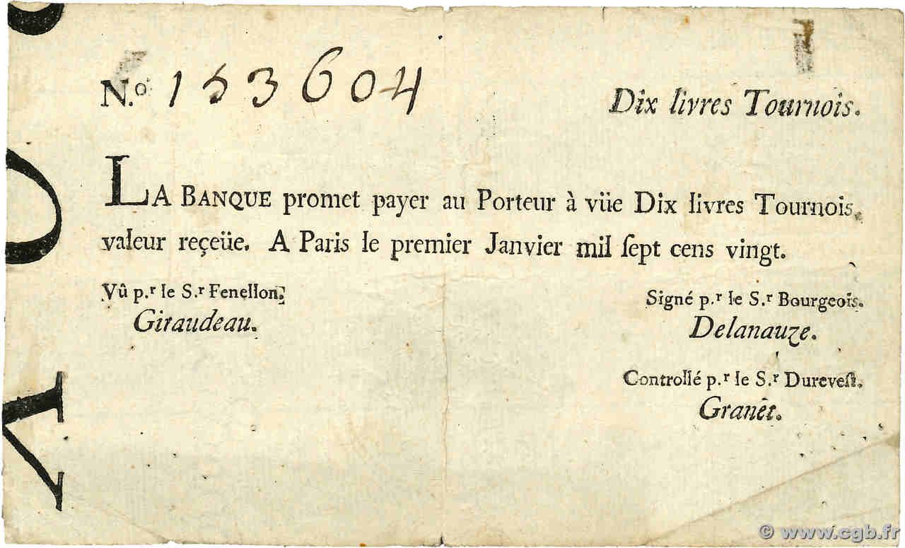 10 Livres Tournois typographié FRANCE  1720 Dor.20 pr.TTB